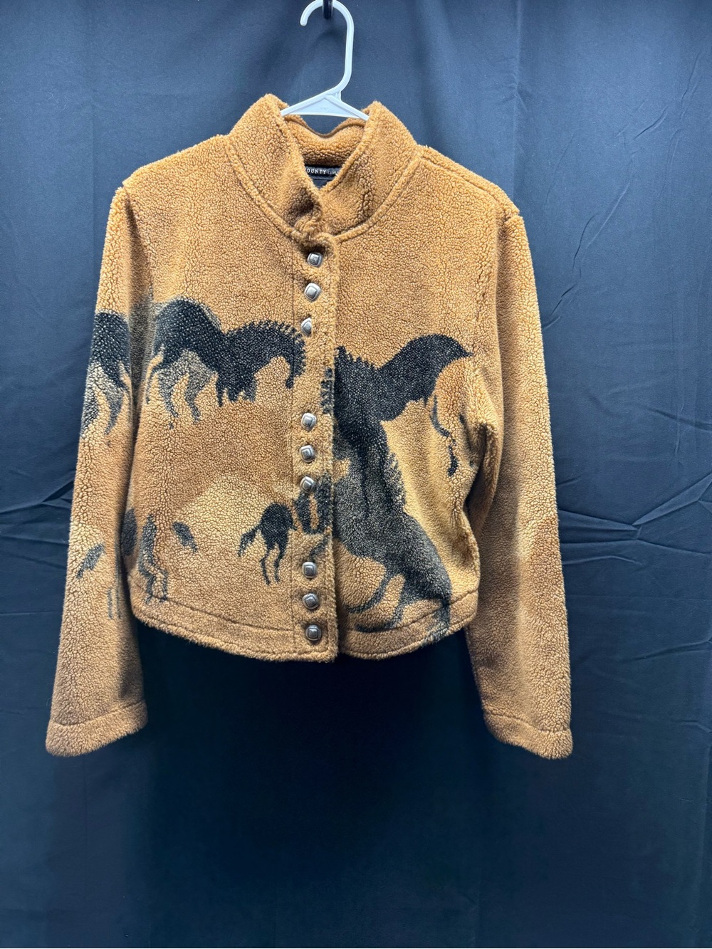 Chestnut Sherpa Button-Front Cardigan with Black Horse Print Sz Lg (12au)
